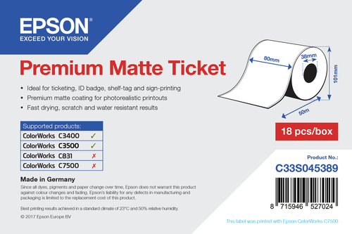 Bild von Epson Premium Matte Ticket Roll, 80 mm x 50 m