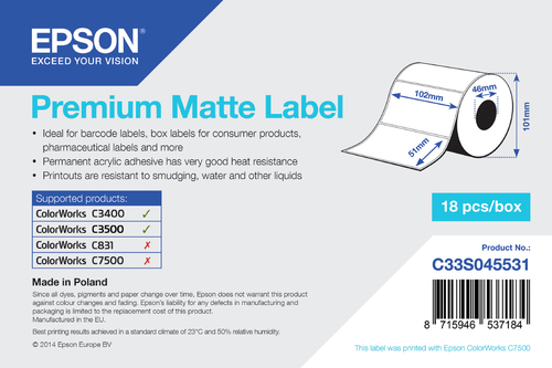 Bild von Epson Premium Matte Label - Die-cut Roll: 102mm x 51mm, 650 labels