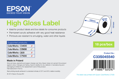Bild von Epson High Gloss Label - Die-cut Roll: 102mm x 76mm, 415 labels