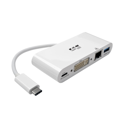 Bild von Tripp Lite U444-06N-DGU-C USB-C Multiport Adapter, DVI, USB 3.x (5 Gbps) Nabenanschluss, GbE und PD-Aufladung, Weiß