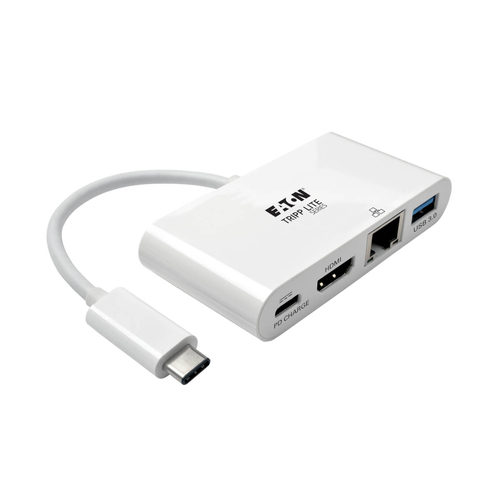 Bild von Tripp Lite U444-06N-HGU-C USB-C Multiport Adapter – HDMI, USB 3.x (5 Gbps) Nabenanschluss, Gigabit Ethernet, 60 W PD-Aufladung, HDCP, Weiß