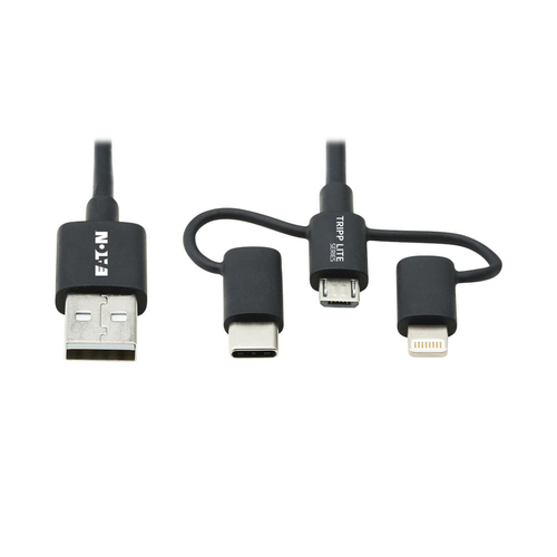 Bild von Tripp Lite M101-006-LMC-BK Universal USB-A auf Lightning, USB-Micro-B- und USB-C-Sync-/Ladekabel (M/3xM), MFi-zertifiziert, Schwarz, 1,8 m