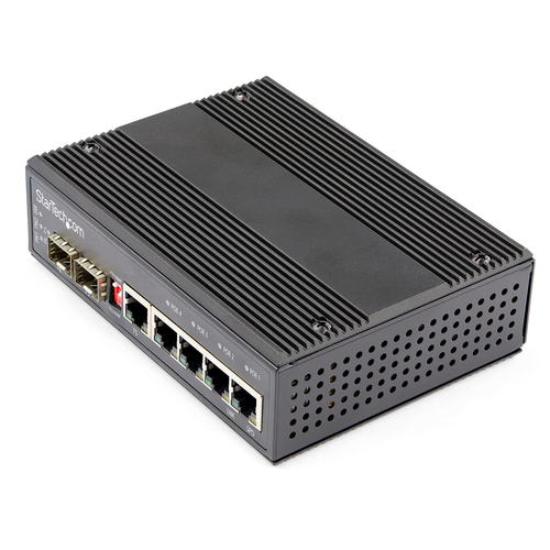 Bild von StarTech.com Industrial 6 Port Gigabit Ethernet Switch - 4 PoE RJ45 +2 SFP Slots 30W PoE+ 12-48VDC 10/100/1000 Power Over Ethernet LAN Switch -40&deg;C bis 75&deg;C Hutschienenmontage